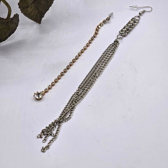"5/$25" Mismatched Long Chain Silver & Gold Tone Rhinestone Dangle Earrings - Picture 2 of 7
